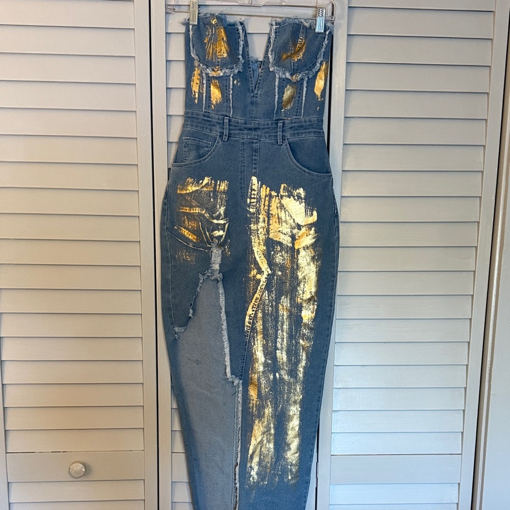edge Blue Distressed Denim Overalls with Gold Foil Detail